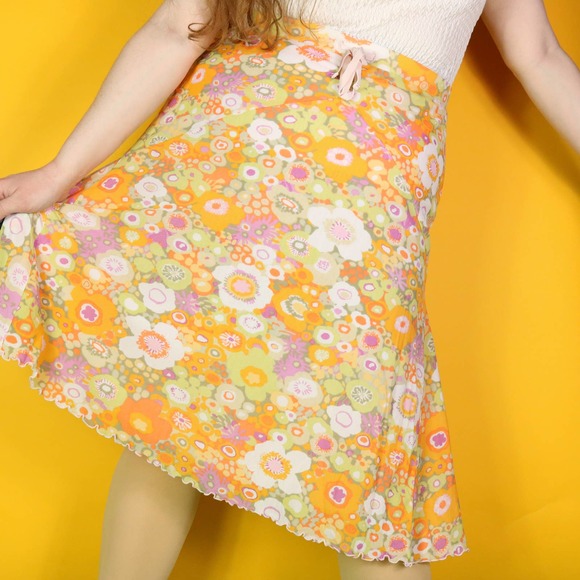 y2k Sigrid Olsen Retro Floral Mesh Skirt with Liner, Orange Pink Green, L - Picture 2 of 5